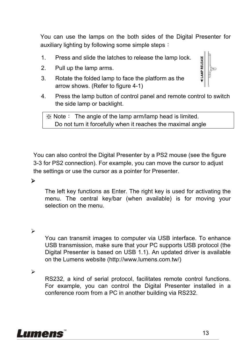 Ositioning and, Urning on the, Amps | Sing the, Ouse, Sing, Rs232, Positioning and turning on the lamp, Using the mouse, Using usb and rs23 | Lumens Technology PS600 User Manual | Page 14 / 25