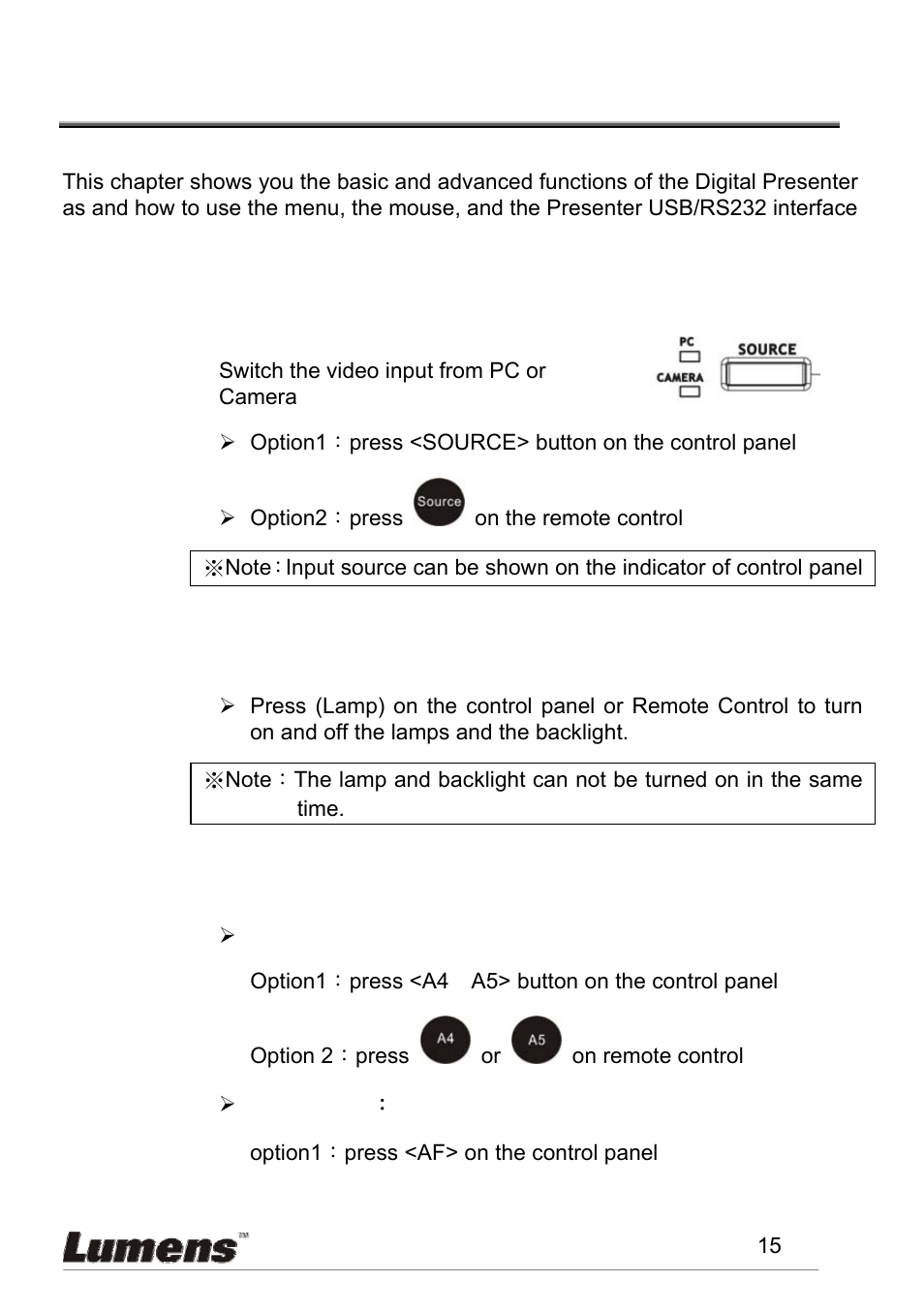 Chapter 5 using the digital visualizer, Etting, Tarted | Select input source, Lamp adjustment, Focus, Chapter 5, Using the digital visualizer, 1 getting started | Lumens Technology PS600 User Manual | Page 16 / 25