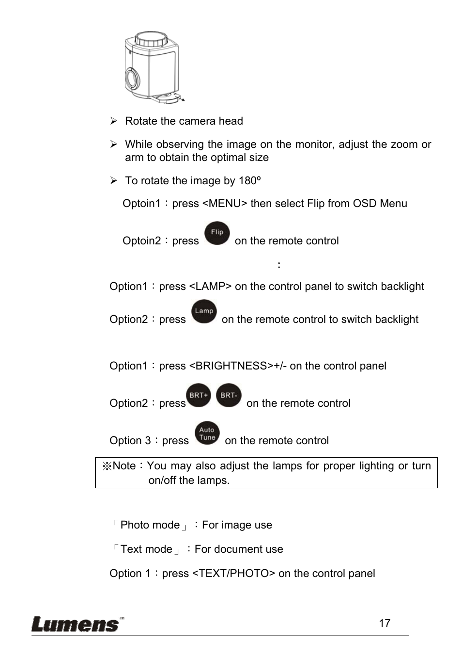 View transparency (film/slide), Brightness, Text/ photo mode | Lumens Technology PS600 User Manual | Page 18 / 25