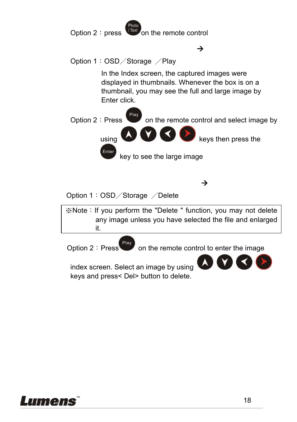 To show the captured image (storage, Play), To delete the captured image (storage | Delete) | Lumens Technology PS600 User Manual | Page 19 / 25