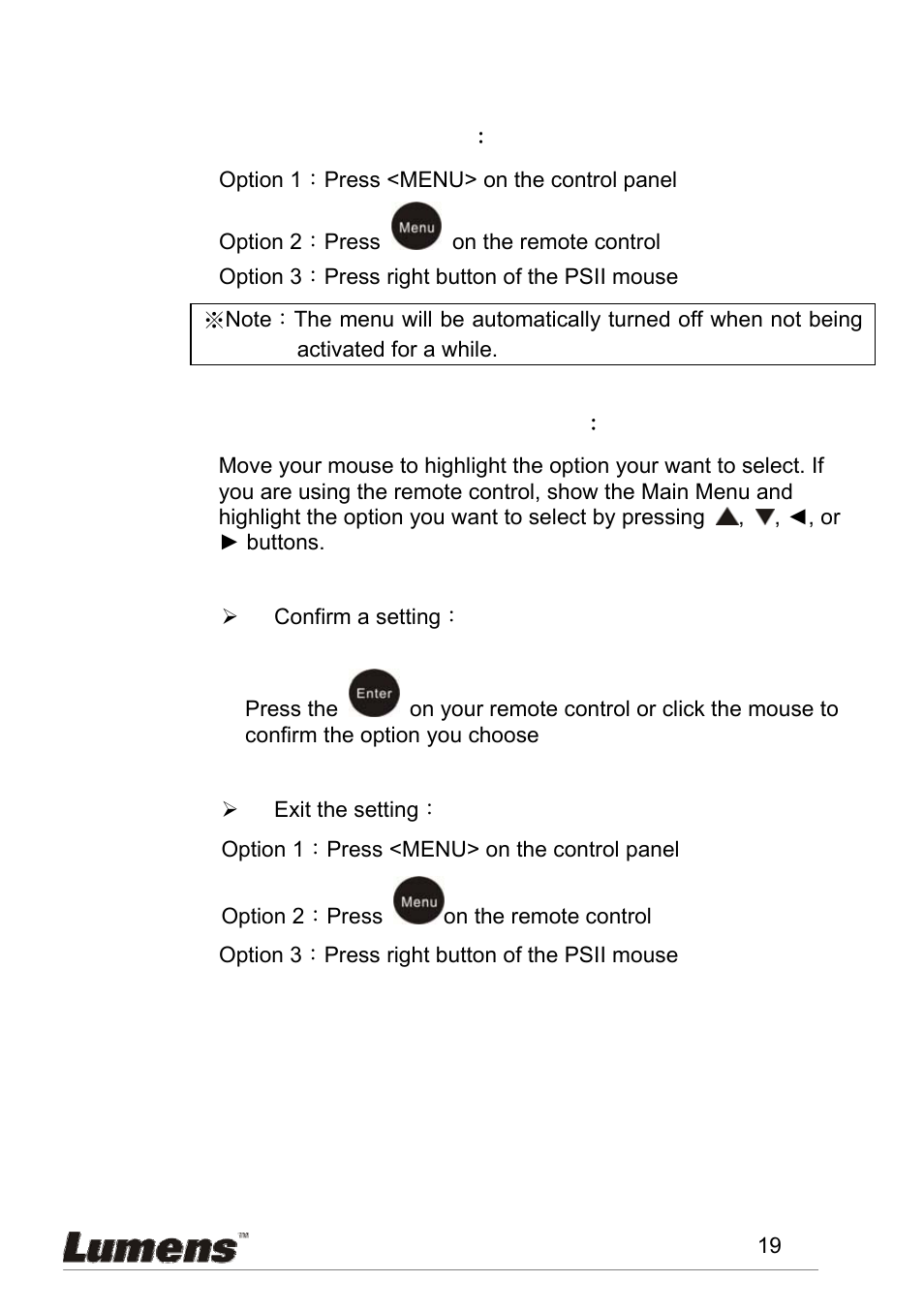 Sing the, Showing the main menu, Adjusting and confirm the settings | Sing the osd menu | Lumens Technology PS600 User Manual | Page 20 / 25