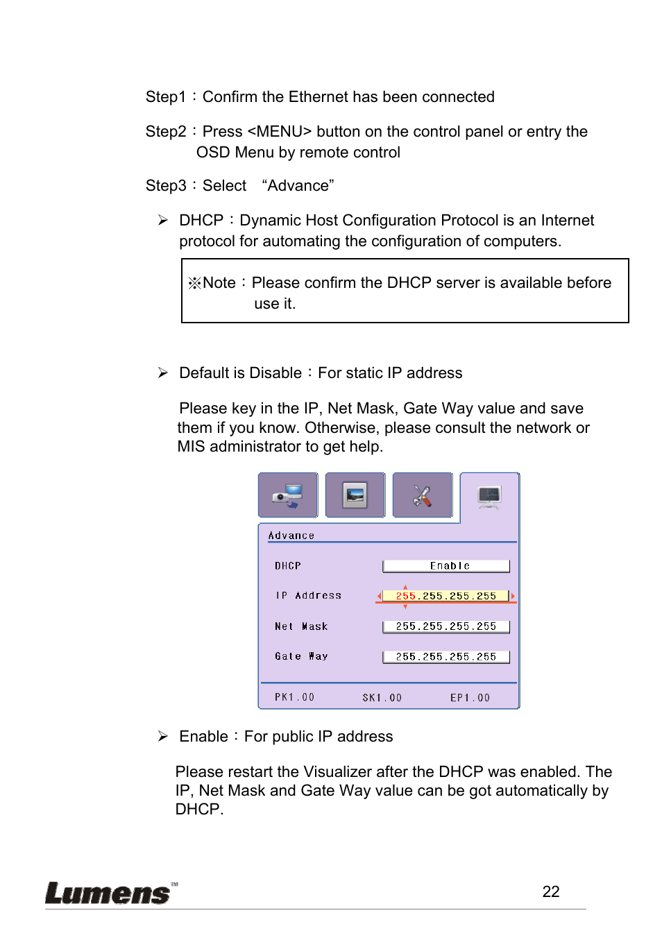 Etwork, Etting, 4 network setting | Lumens Technology PS600 User Manual | Page 23 / 25