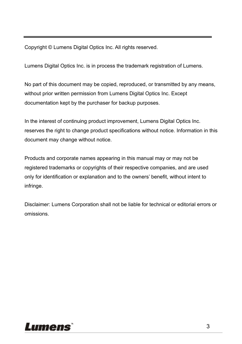 Copyright information | Lumens Technology PS600 User Manual | Page 4 / 25