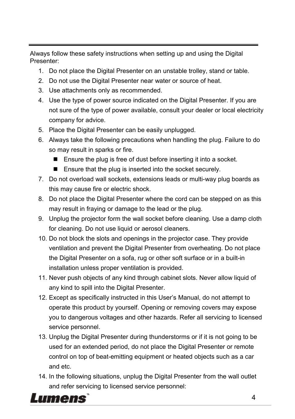 Chapter 1 precautions | Lumens Technology PS600 User Manual | Page 5 / 25