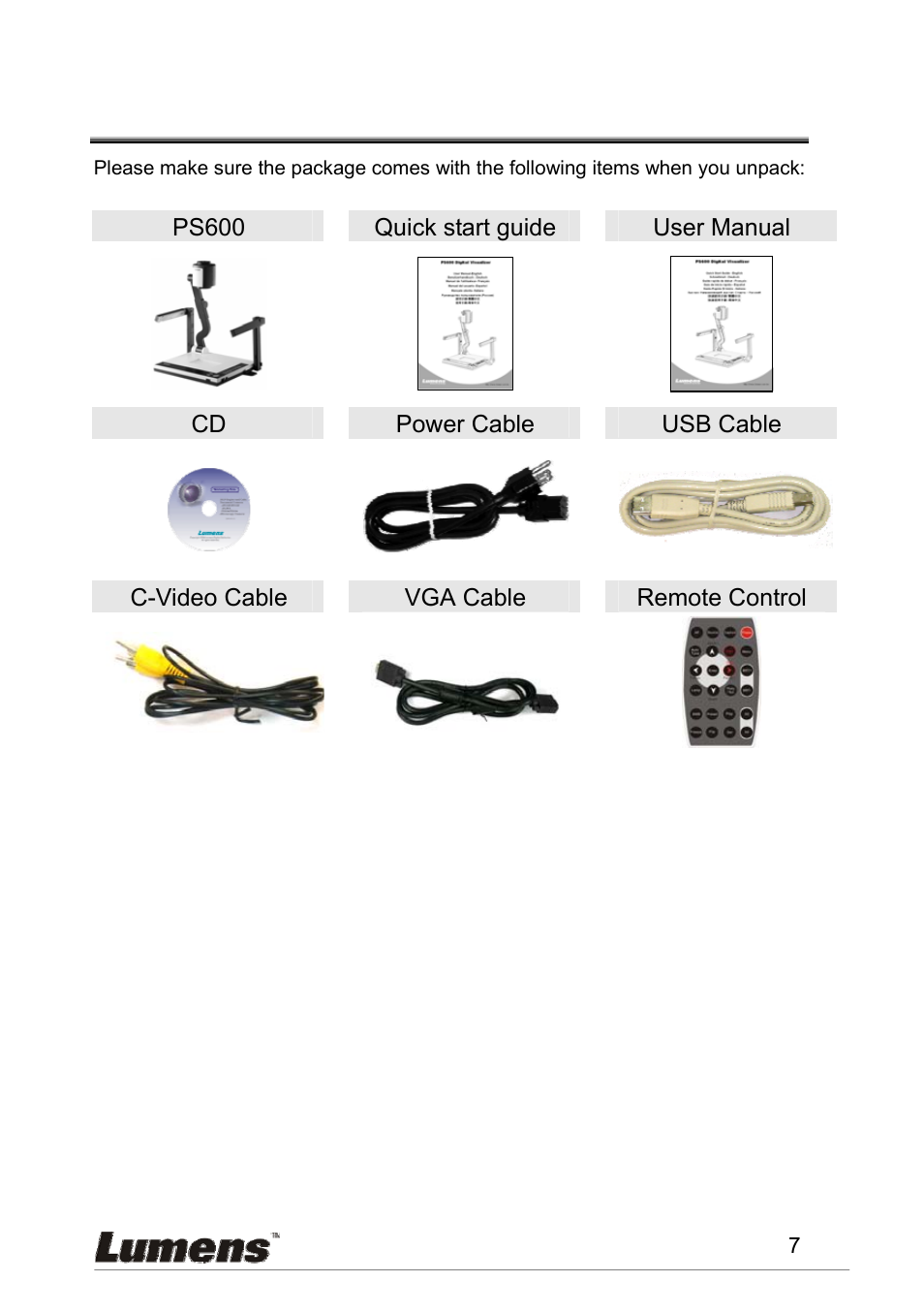 Chapter 2 package content | Lumens Technology PS600 User Manual | Page 8 / 25