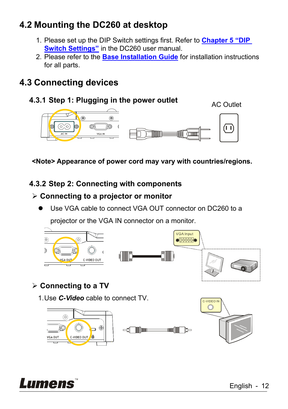 Mounting the dc260 at desktop, Connecting devices, 2 mounting the dc260 at desktop | 3 connecting devices | Lumens Technology DC260 User Manual | Page 13 / 49