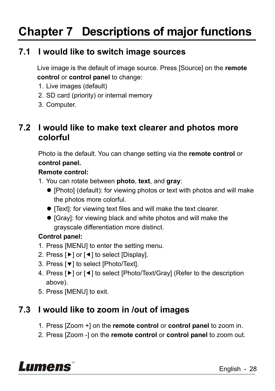 Chapter 7, Descriptions of major functions, I would like to switch image sources | I would like to zoom in /out of images, Chapter 7 descriptions of major functions, 1 i would like to switch image sources, 3 i would like to zoom in /out of images | Lumens Technology DC260 User Manual | Page 29 / 49