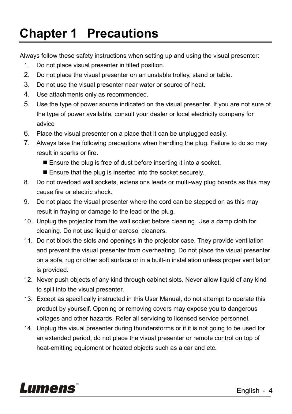 Chapter 1, Precautions, Chapter 1 precautions | Lumens Technology DC260 User Manual | Page 5 / 49