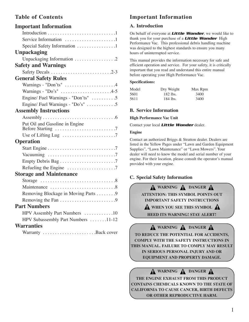 1table of contents important information, Important information, Unpackaging | Safety and warnings, General safety rules, Assembly instructions, Operation, Storage and maintenance, Part numbers, Warranties | Little Wonder 5601 User Manual | Page 3 / 44