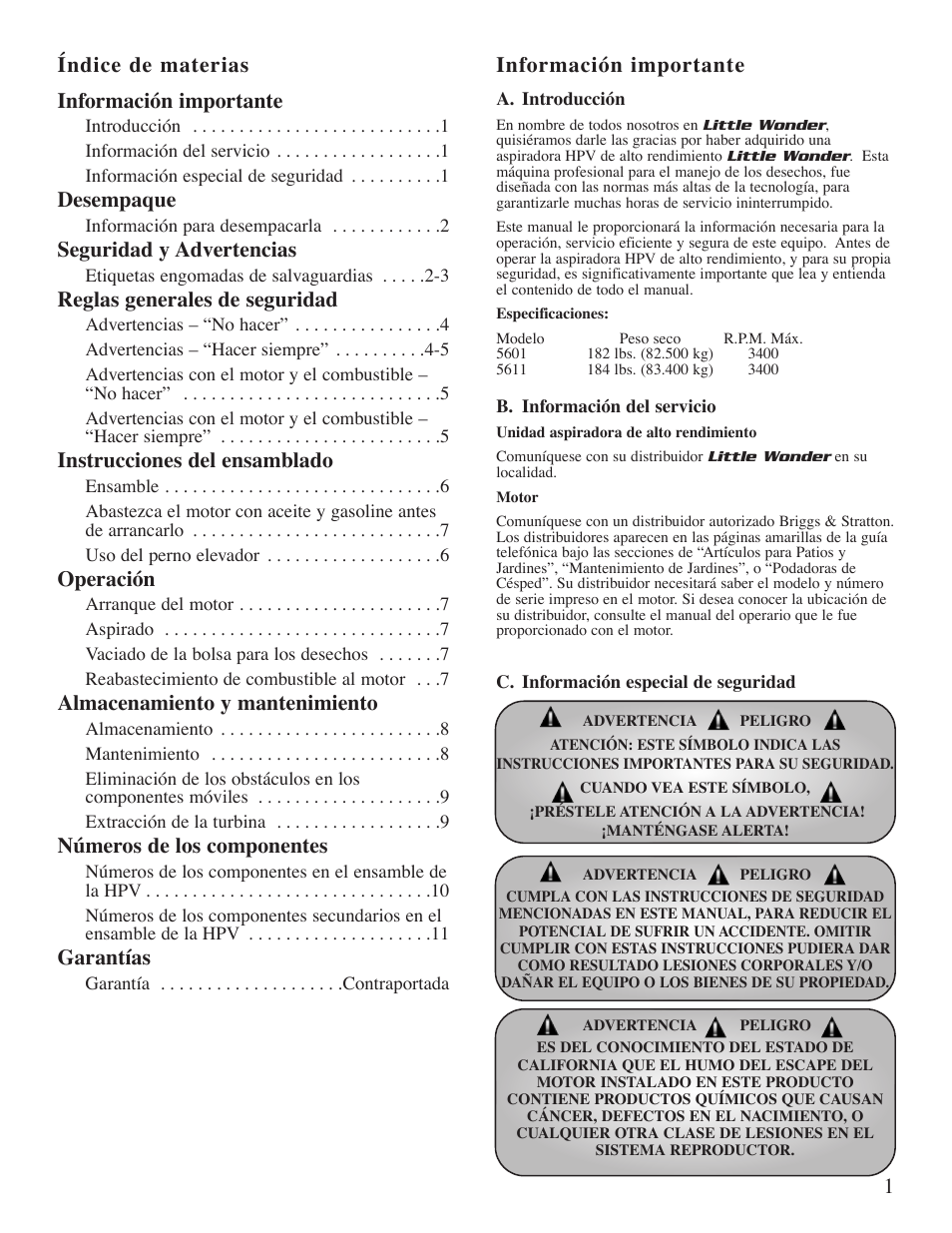 1índice de materias información importante, Información importante, Desempaque | Seguridad y advertencias, Reglas generales de seguridad, Instrucciones del ensamblado, Operación, Almacenamiento y mantenimiento, Números de los componentes, Garantías | Little Wonder 5601 User Manual | Page 31 / 44