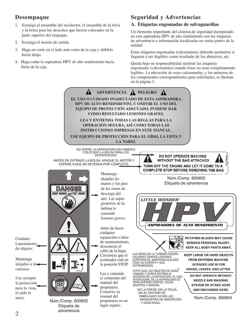 2desempaque, Seguridad y advertencias, A. etiquetas engomadas de salvaguardias | Little Wonder 5601 User Manual | Page 32 / 44