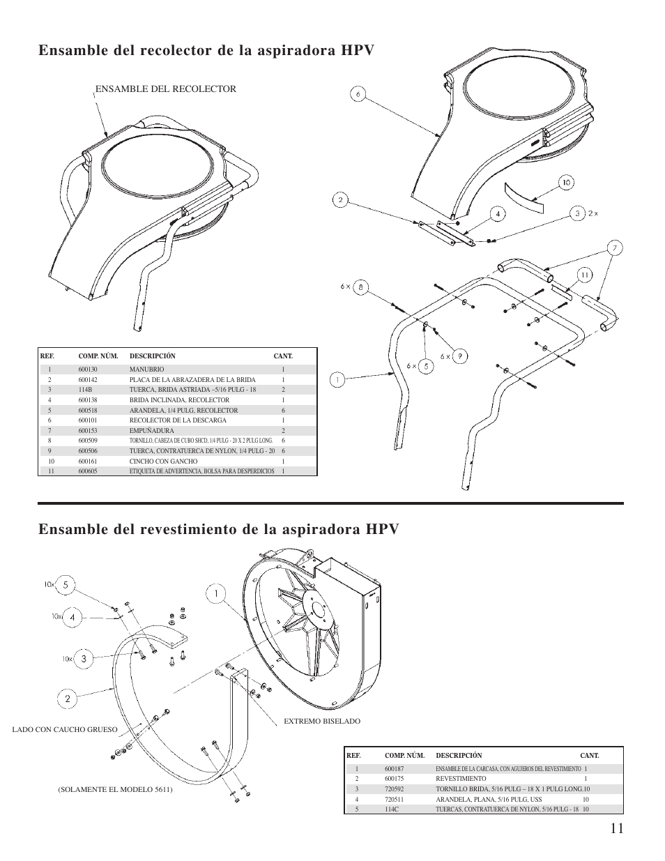 Ensamble del recolector de la aspiradora hpv, Ensamble del revestimiento de la aspiradora hpv, Ensamble del recolector | Little Wonder 5601 User Manual | Page 41 / 44