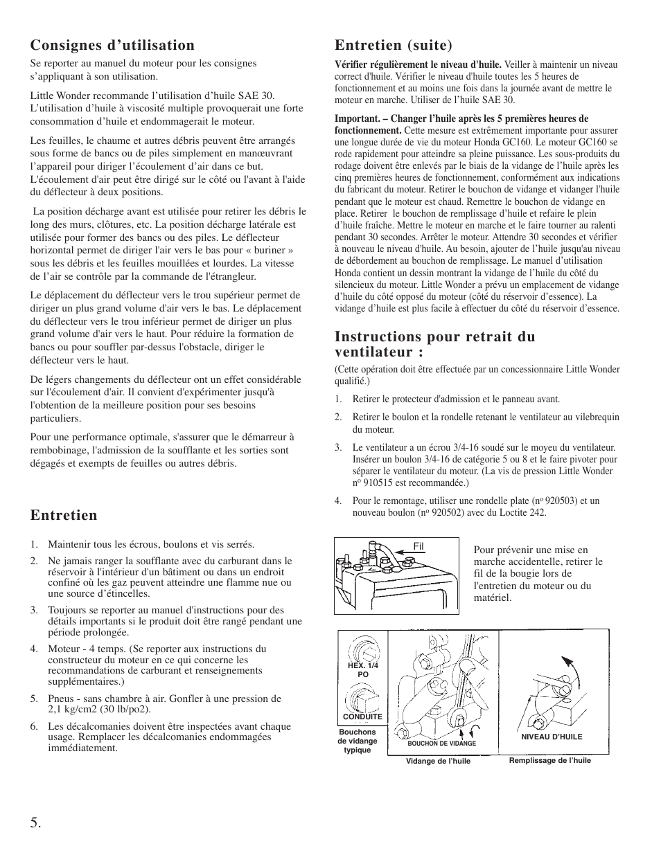 Consignes d’utilisation, Entretien, Instructions pour retrait du ventilateur | Entretien (suite) | Little Wonder High Output Blower User Manual | Page 16 / 30