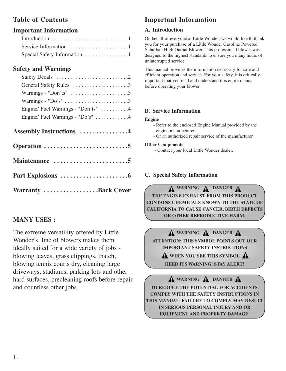 Table of contents important information, Important information, Safety and warnings | Little Wonder High Output Blower User Manual | Page 2 / 30