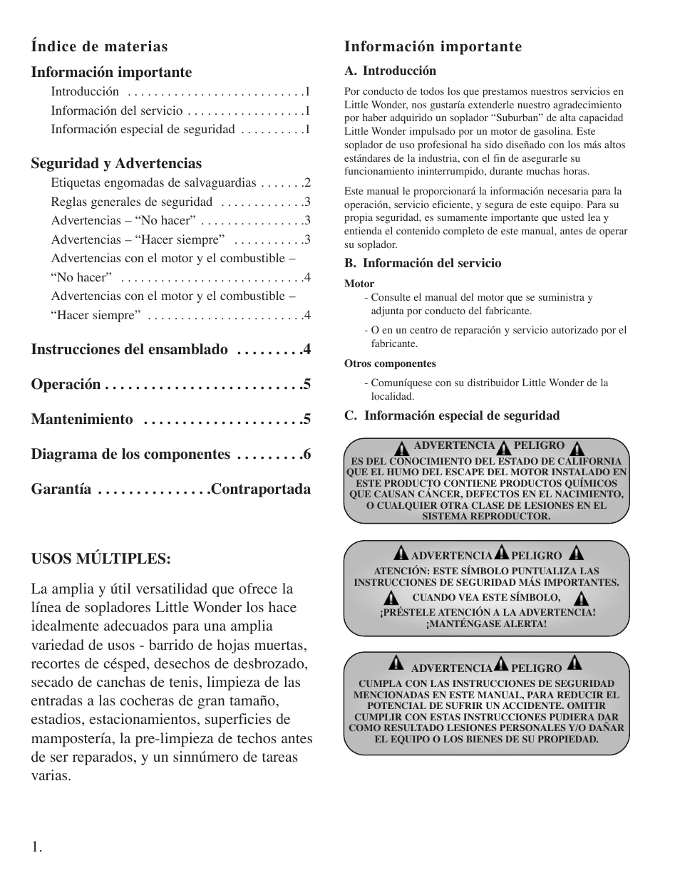 Índice de materias información importante, Información importante, Seguridad y advertencias | Little Wonder High Output Blower User Manual | Page 22 / 30