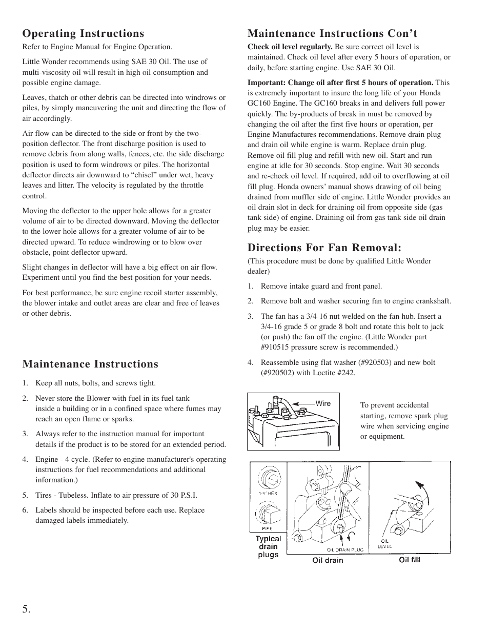 Operating instructions, Maintenance instructions, Directions for fan removal | Maintenance instructions con’t | Little Wonder High Output Blower User Manual | Page 6 / 30