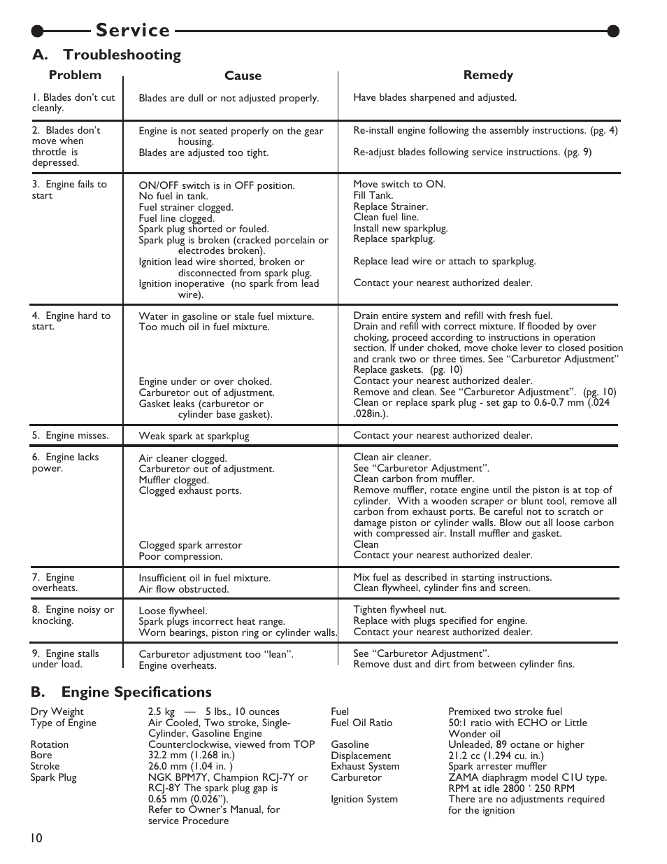 Service, B. engine specifications, A. troubleshooting | Little Wonder 2119 19 User Manual | Page 10 / 62