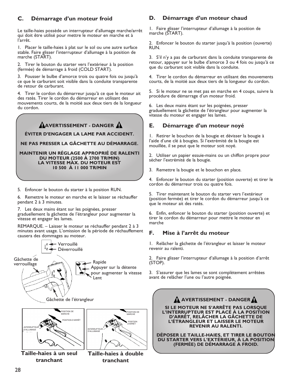 C. démarrage d’un moteur froid, D. démarrage d’un moteur chaud, E. démarrage d’un moteur noyé | F. mise à l’arrêt du moteur | Little Wonder 2119 19 User Manual | Page 28 / 62