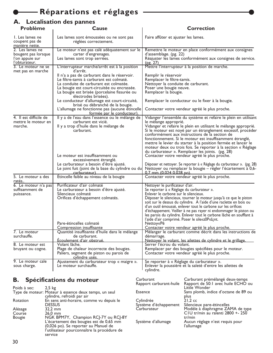 Réparations et réglages, B. spécifications du moteur, A. localisation des pannes | Little Wonder 2119 19 User Manual | Page 30 / 62