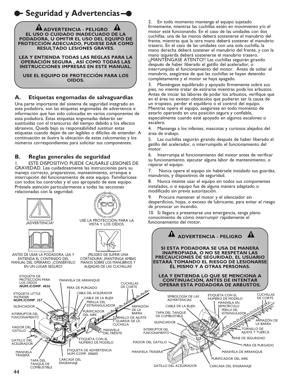 Seguridad y advertencias, A. etiquetas engomadas de salvaguardias, B. reglas generales de seguridad | Little Wonder 2119 19 User Manual | Page 44 / 62