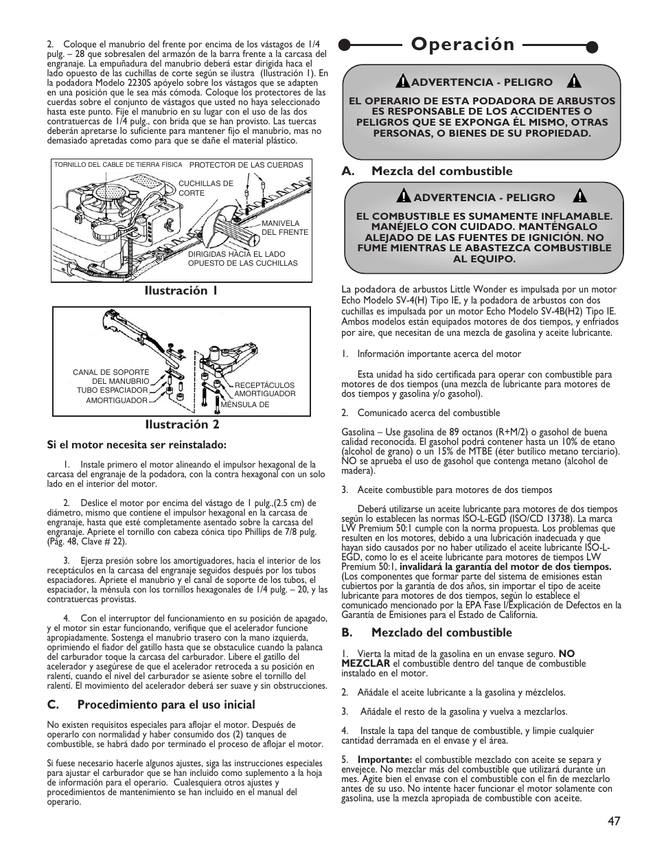 Operación, C. procedimiento para el uso inicial, A. mezcla del combustible | B. mezclado del combustible, Ilustración 1 ilustración 2 | Little Wonder 2119 19 User Manual | Page 47 / 62