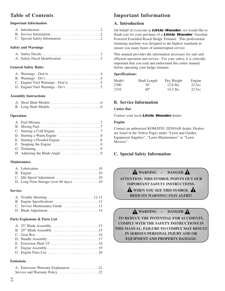 Table of contents important information | Little Wonder 2300 User Manual | Page 2 / 66