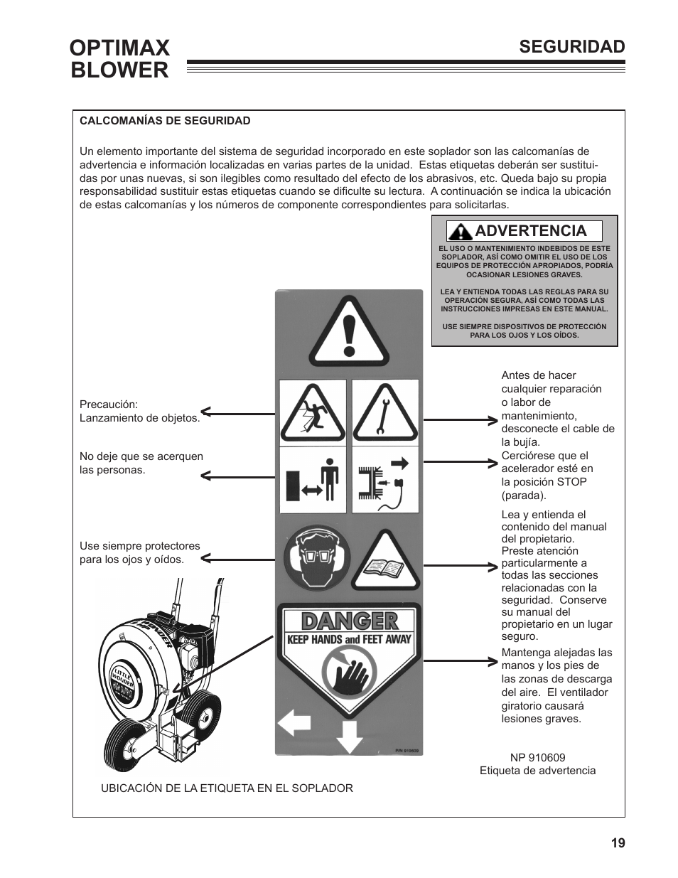 Optimax blower, Seguridad, Advertencia | Little Wonder OPTIMAX 9131-00-01 User Manual | Page 19 / 42