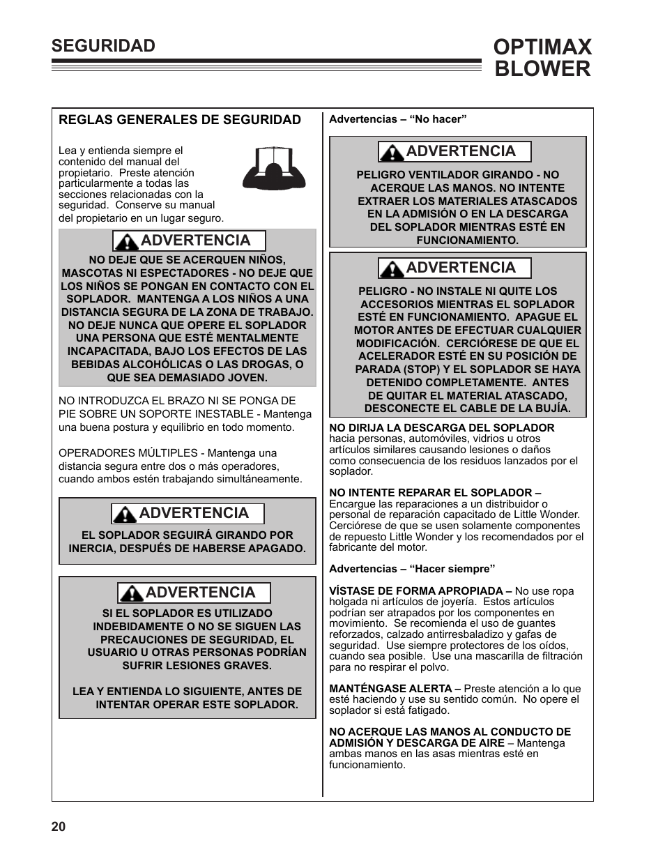 Optimax blower, Seguridad, Advertencia | Little Wonder OPTIMAX 9131-00-01 User Manual | Page 20 / 42