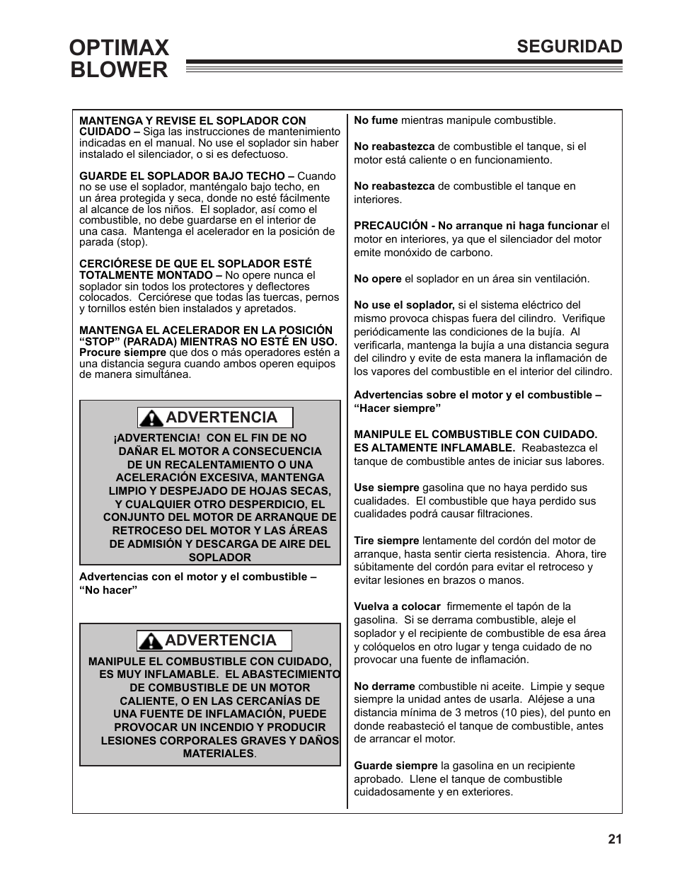 Optimax blower, Seguridad, Advertencia | Little Wonder OPTIMAX 9131-00-01 User Manual | Page 21 / 42