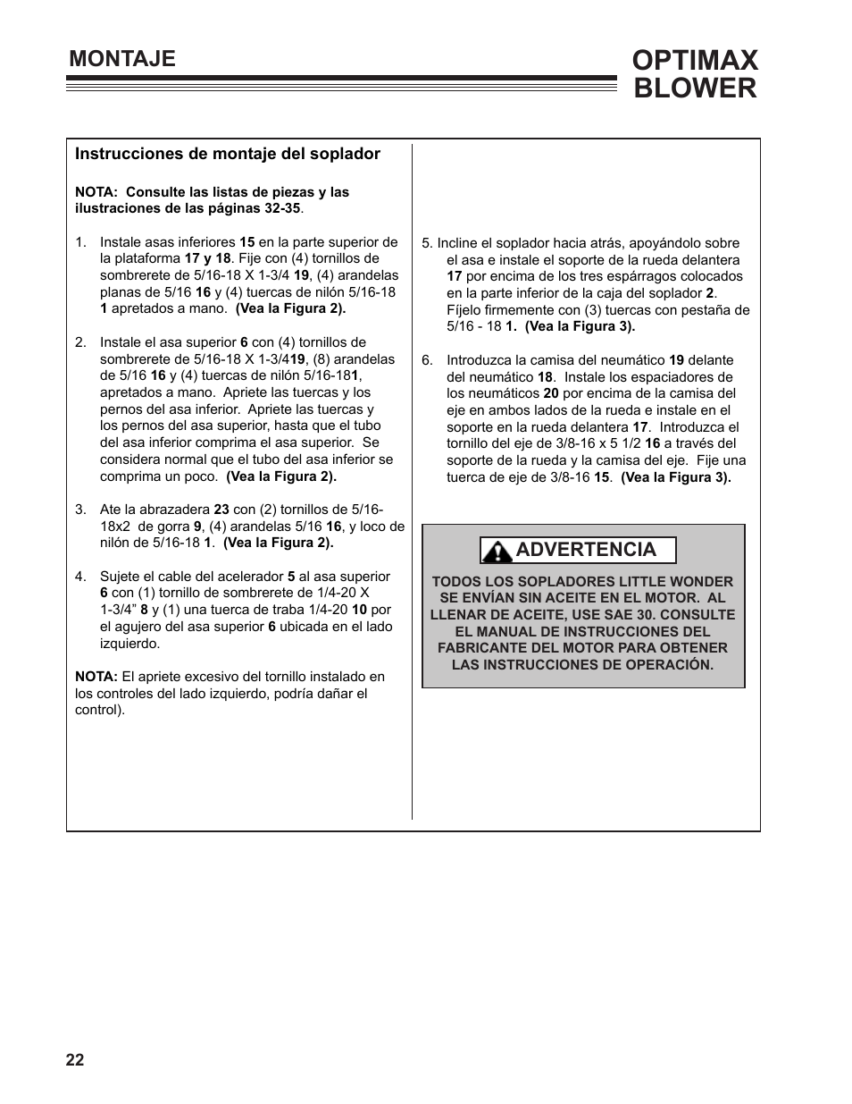 Optimax blower, Montaje, Advertencia | Little Wonder OPTIMAX 9131-00-01 User Manual | Page 22 / 42