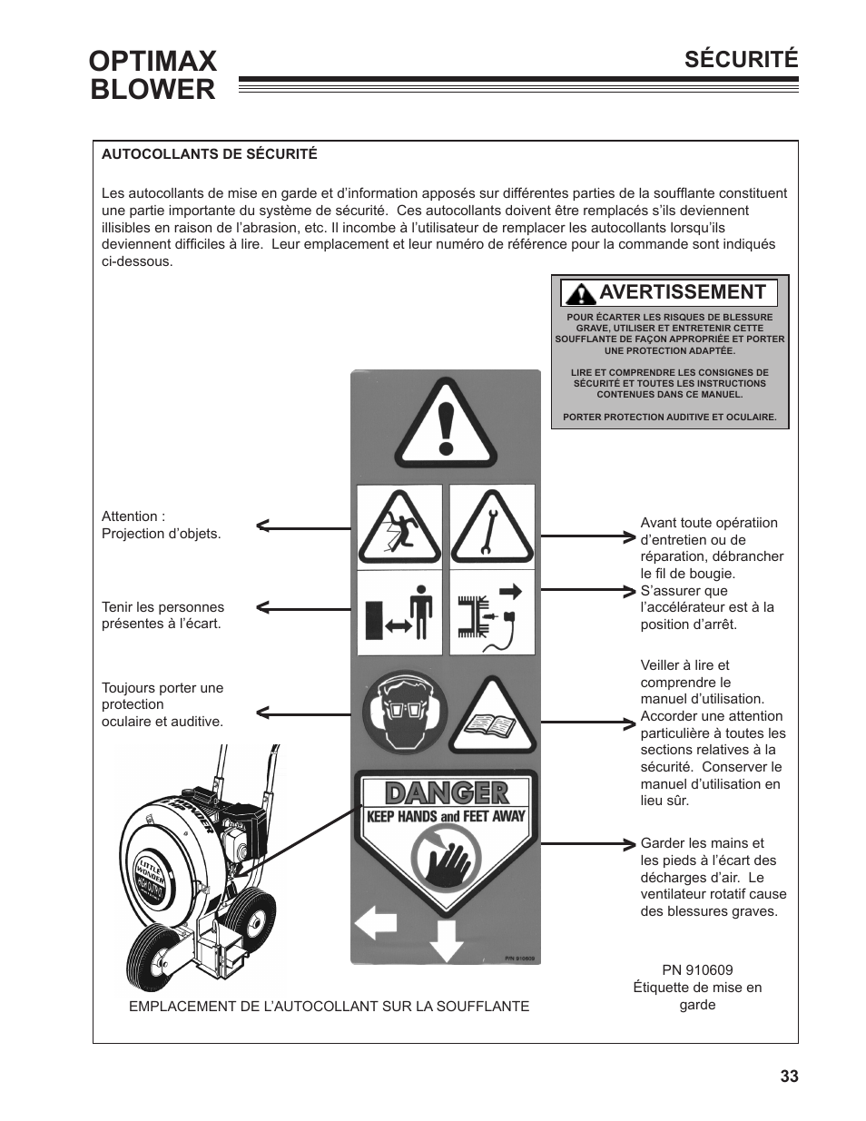 Optimax blower, Sécurité, Avertissement | Little Wonder OPTIMAX 9131-00-01 User Manual | Page 33 / 42