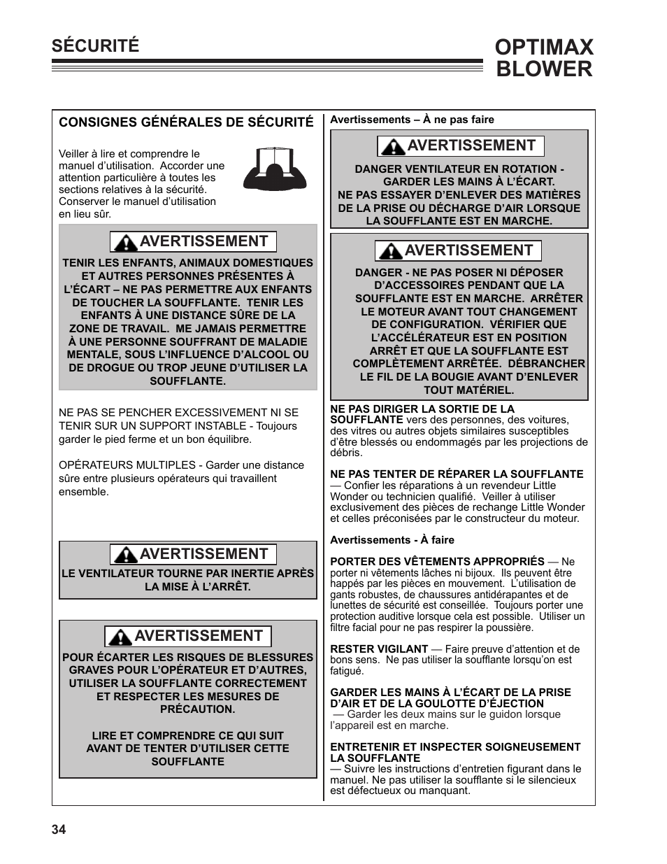 Optimax blower, Sécurité, Avertissement | Little Wonder OPTIMAX 9131-00-01 User Manual | Page 34 / 42