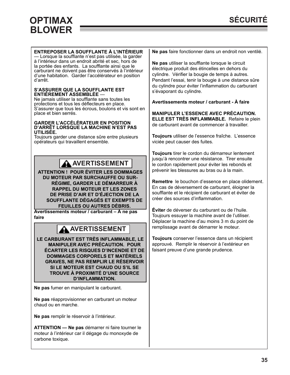 Optimax blower, Sécurité, Avertissement | Little Wonder OPTIMAX 9131-00-01 User Manual | Page 35 / 42