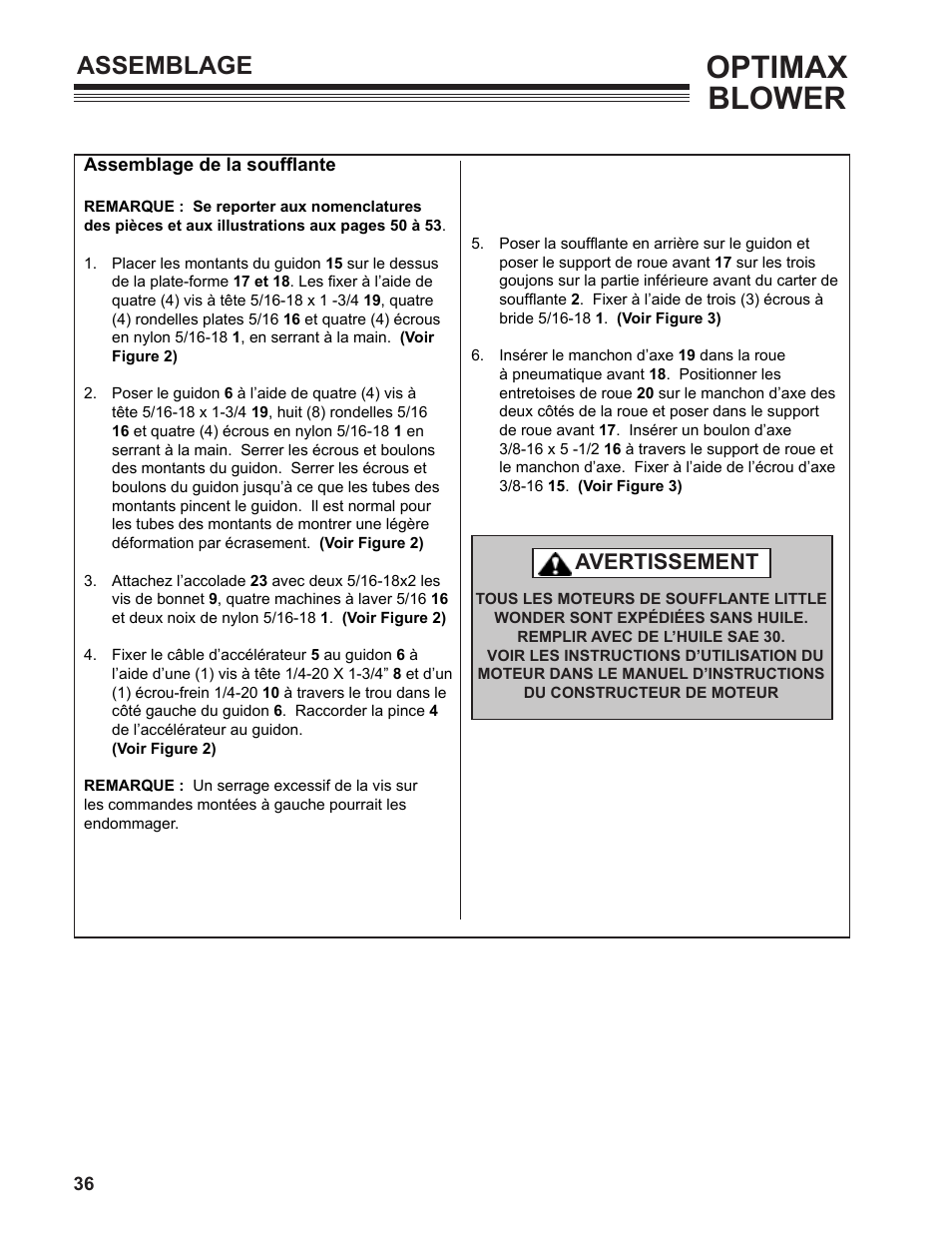 Optimax blower, Assemblage, Avertissement | Little Wonder OPTIMAX 9131-00-01 User Manual | Page 36 / 42