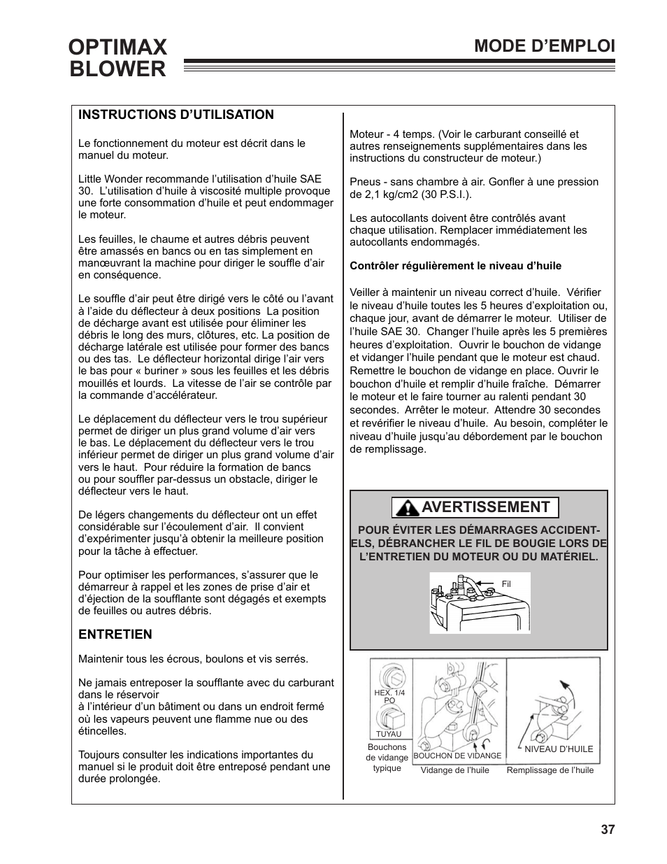 Optimax blower, Mode d’emploi, Avertissement | Little Wonder OPTIMAX 9131-00-01 User Manual | Page 37 / 42