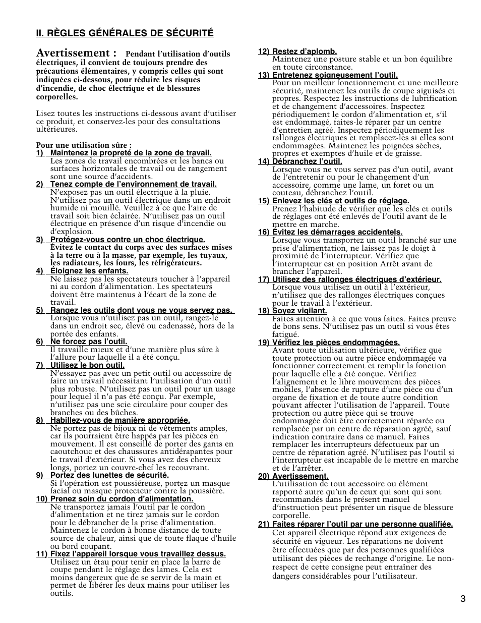 Avertissement | Little Wonder SINGLE EDGED 1912 User Manual | Page 17 / 42