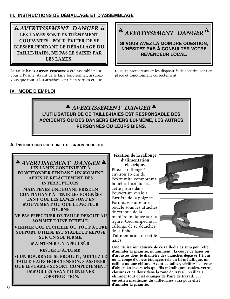 Avertissement danger | Little Wonder SINGLE EDGED 1912 User Manual | Page 20 / 42