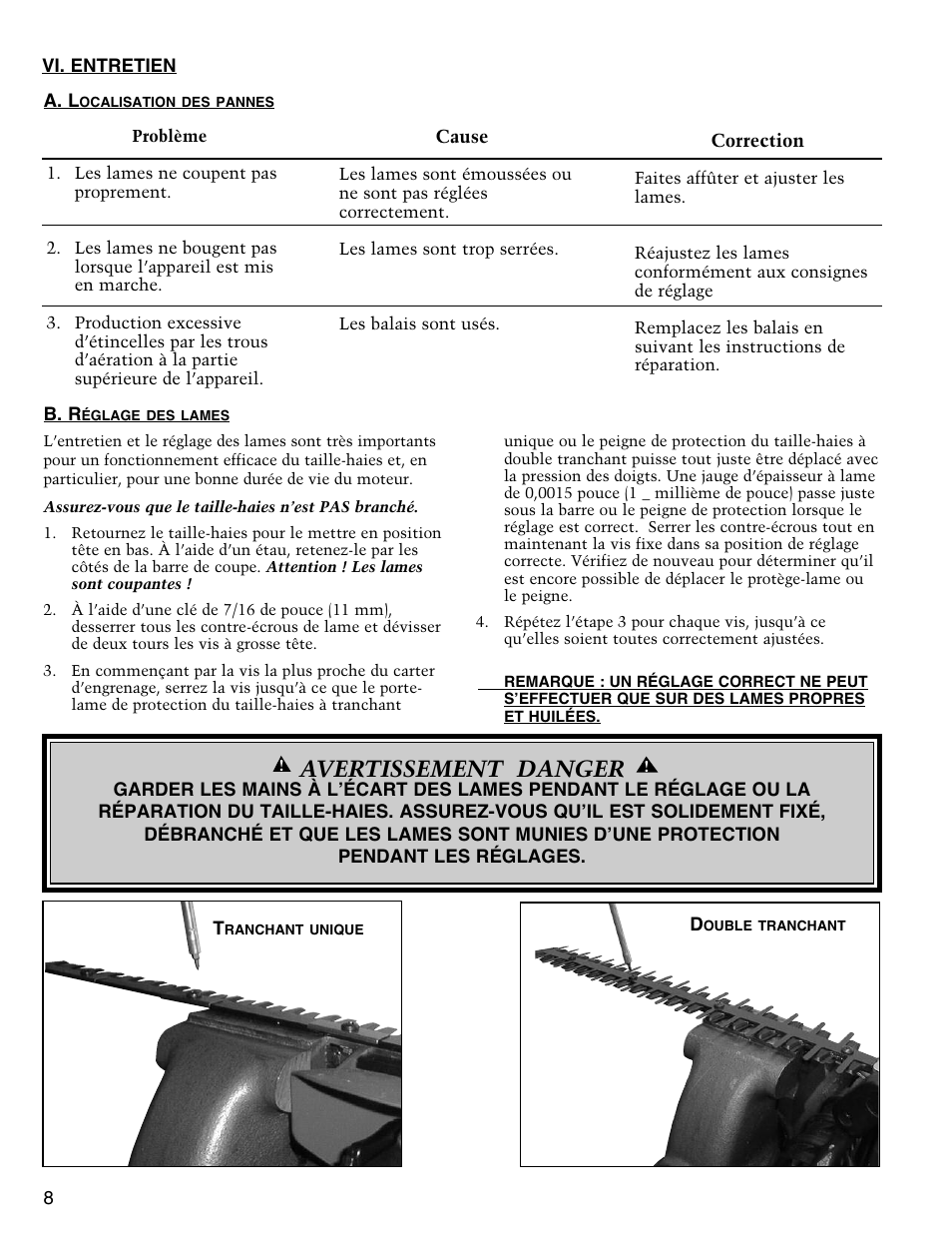 Avertissement danger | Little Wonder SINGLE EDGED 1912 User Manual | Page 22 / 42