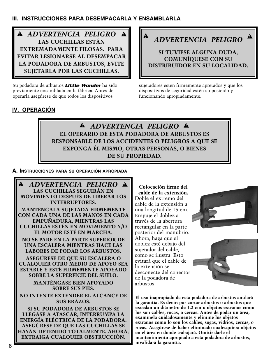 Advertencia peligro | Little Wonder SINGLE EDGED 1912 User Manual | Page 34 / 42