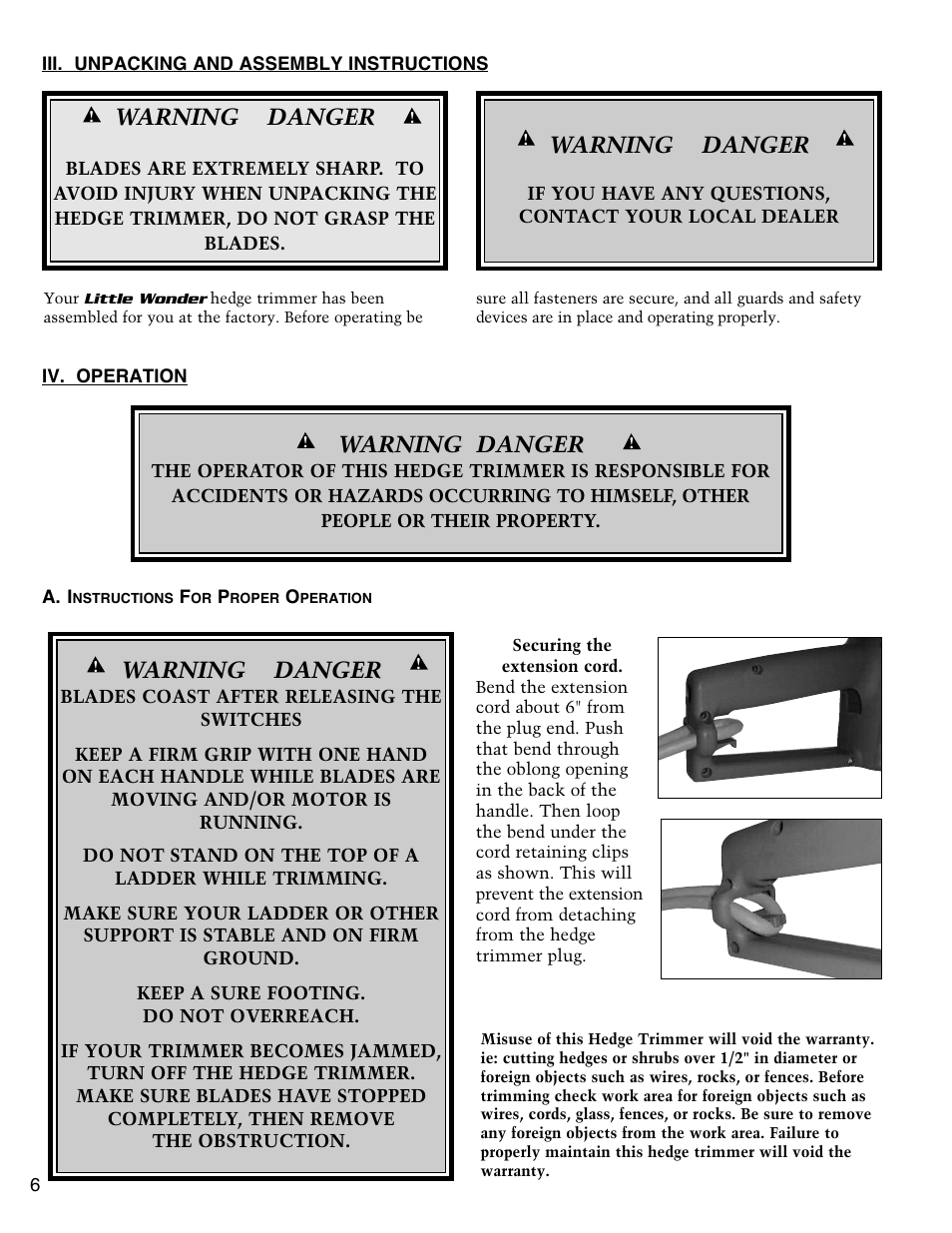 Warning danger | Little Wonder SINGLE EDGED 1912 User Manual | Page 6 / 42