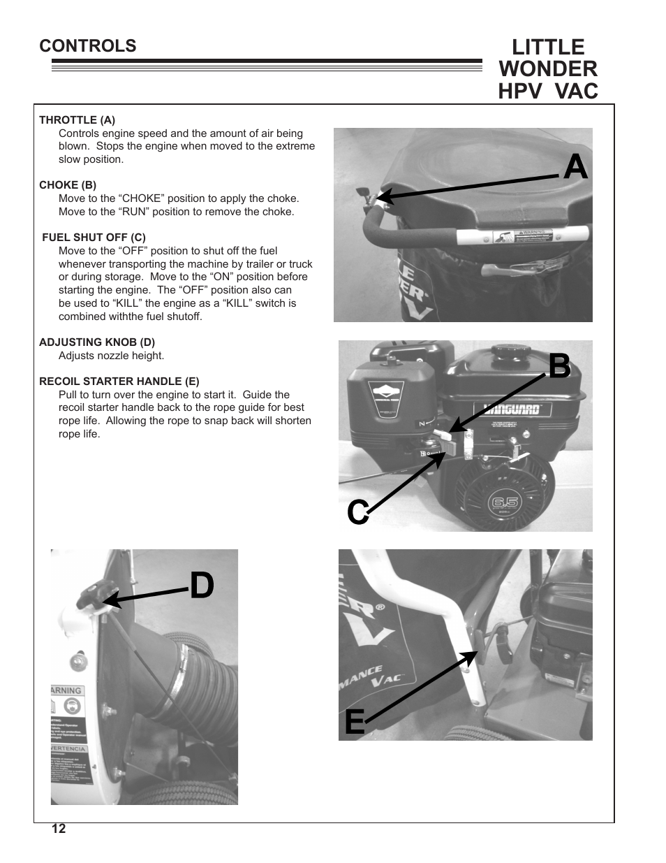 Little wonder hpv vac, Controls | Little Wonder HPV 5612-00-01 User Manual | Page 12 / 26