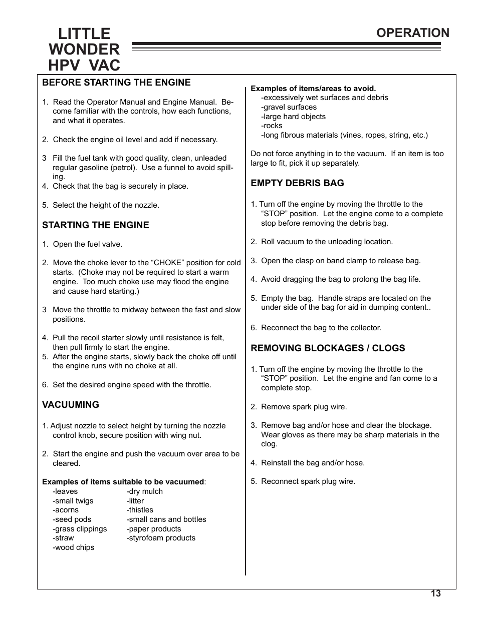 Little wonder hpv vac, Operation | Little Wonder HPV 5612-00-01 User Manual | Page 13 / 26