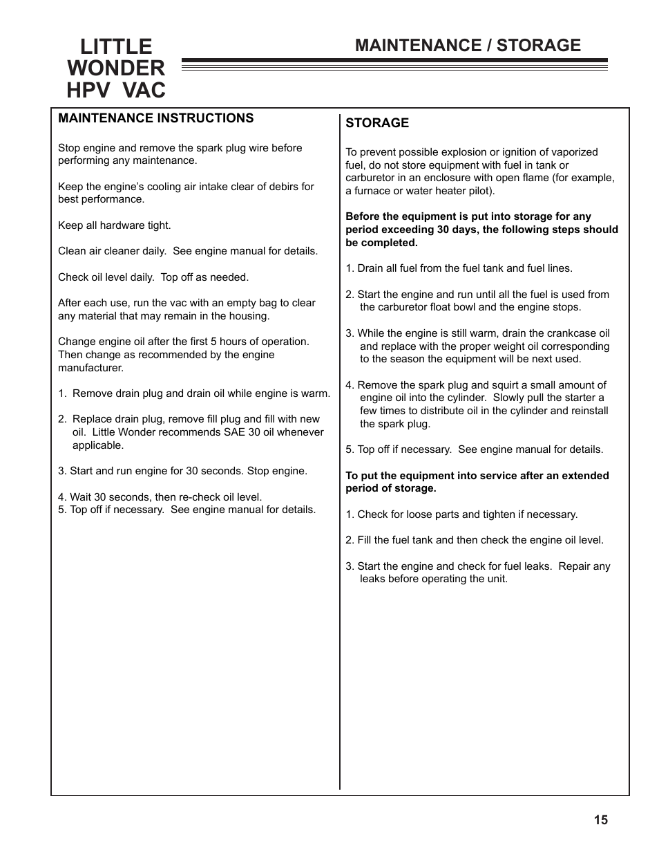 Little wonder hpv vac, Maintenance / storage | Little Wonder HPV 5612-00-01 User Manual | Page 15 / 26