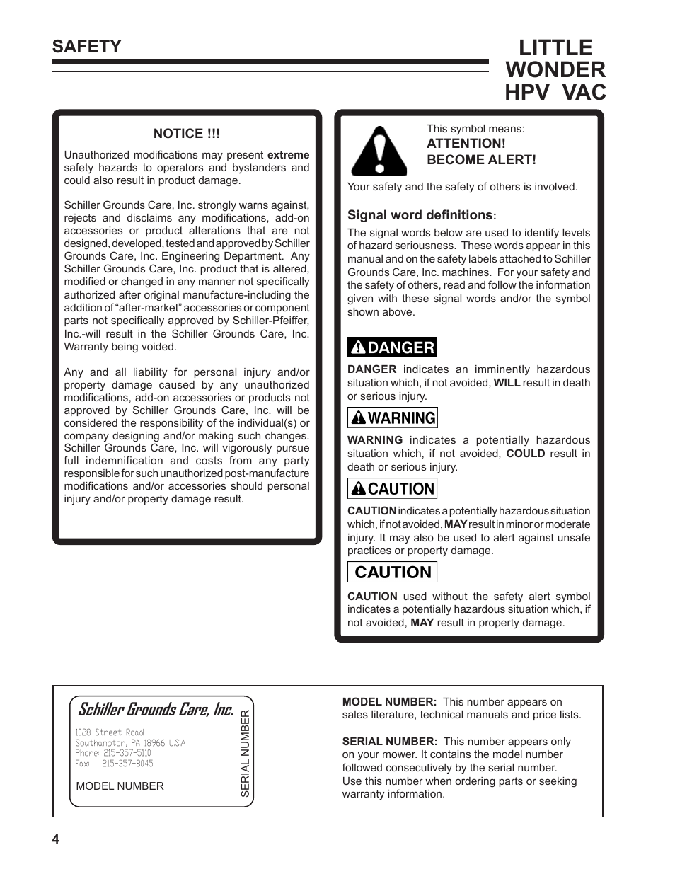 Little wonder hpv vac, Schiller grounds care, inc, Safety | Little Wonder HPV 5612-00-01 User Manual | Page 4 / 26
