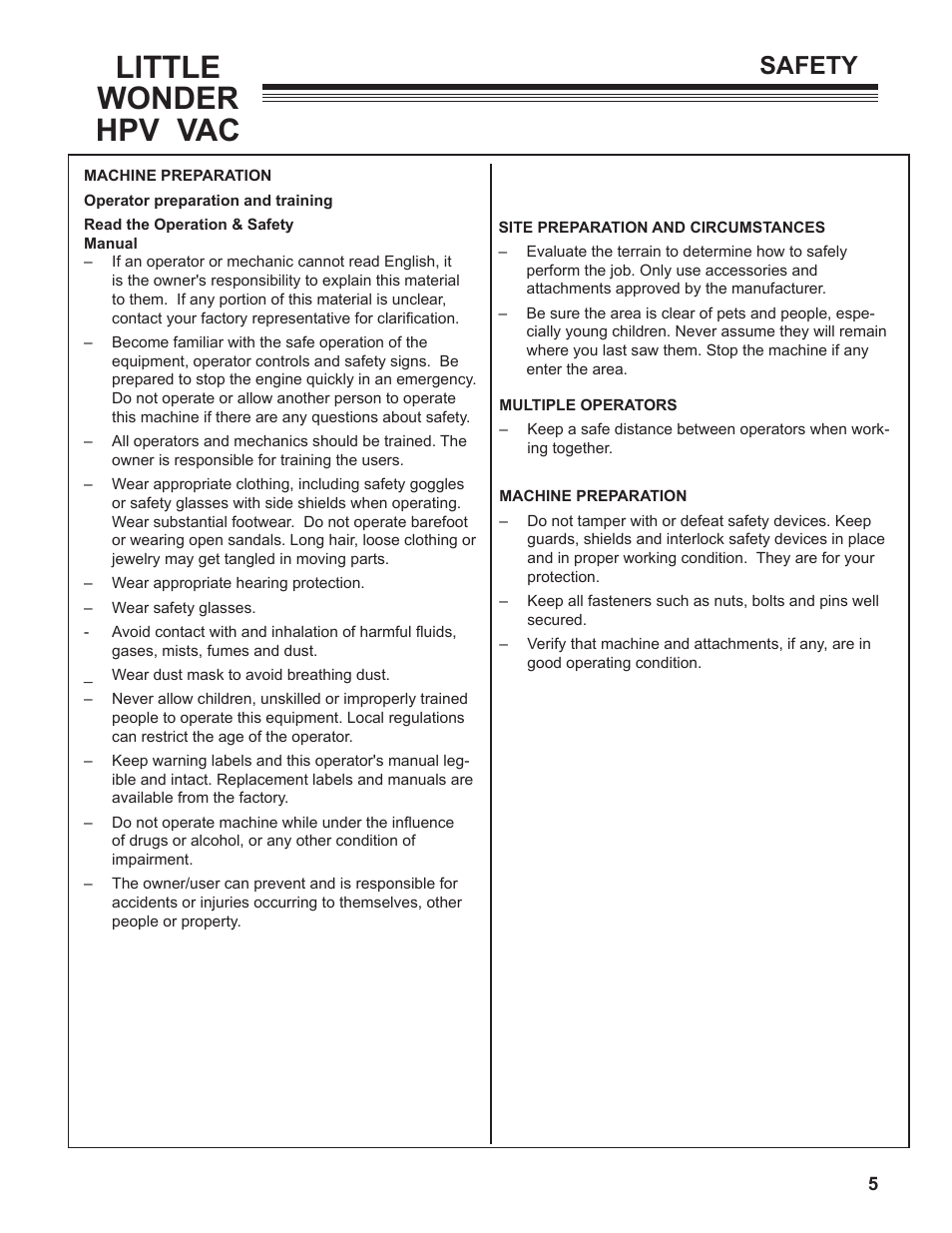 Little wonder hpv vac, Safety | Little Wonder HPV 5612-00-01 User Manual | Page 5 / 26