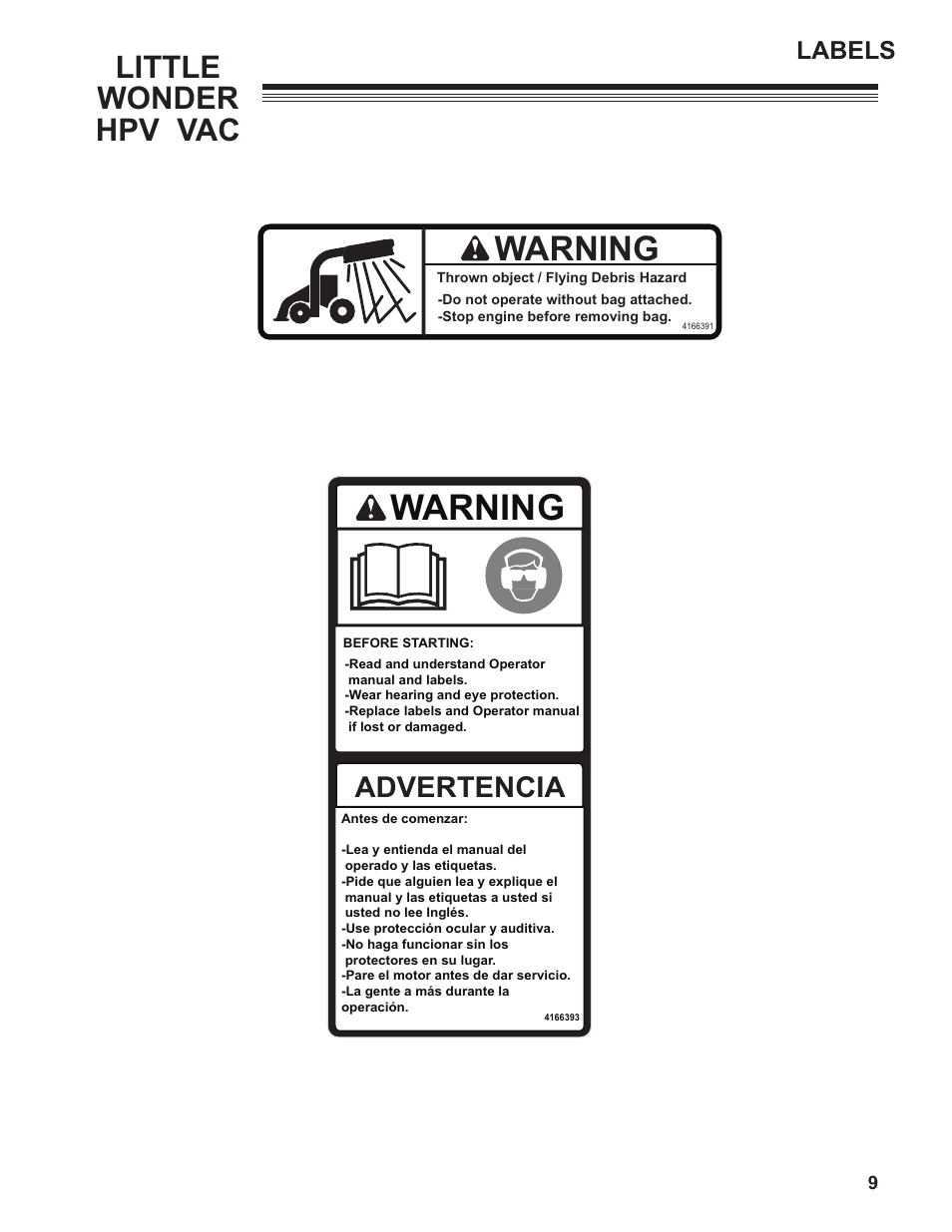 Warning, Little wonder hpv vac, Advertencia | Labels | Little Wonder HPV 5612-00-01 User Manual | Page 9 / 26