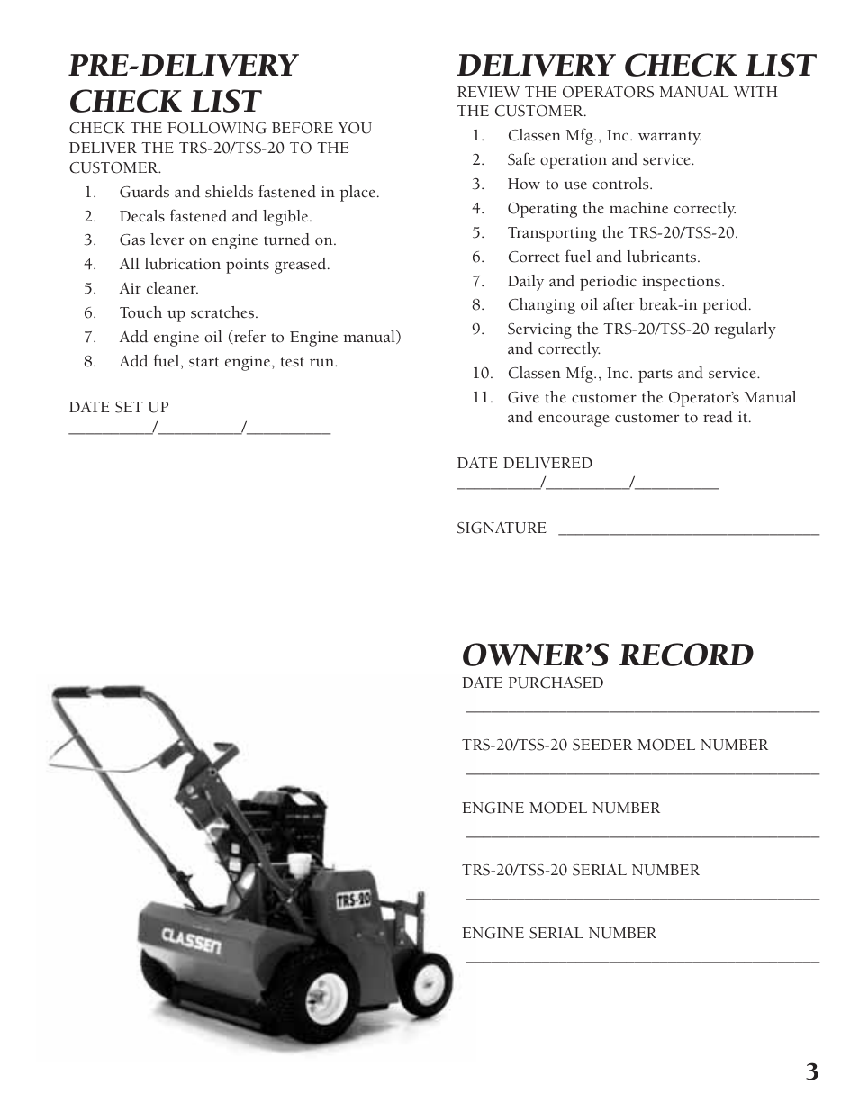 Pre-delivery check list, Delivery check list, Owner’s record | Little Wonder TRS-20 User Manual | Page 3 / 18