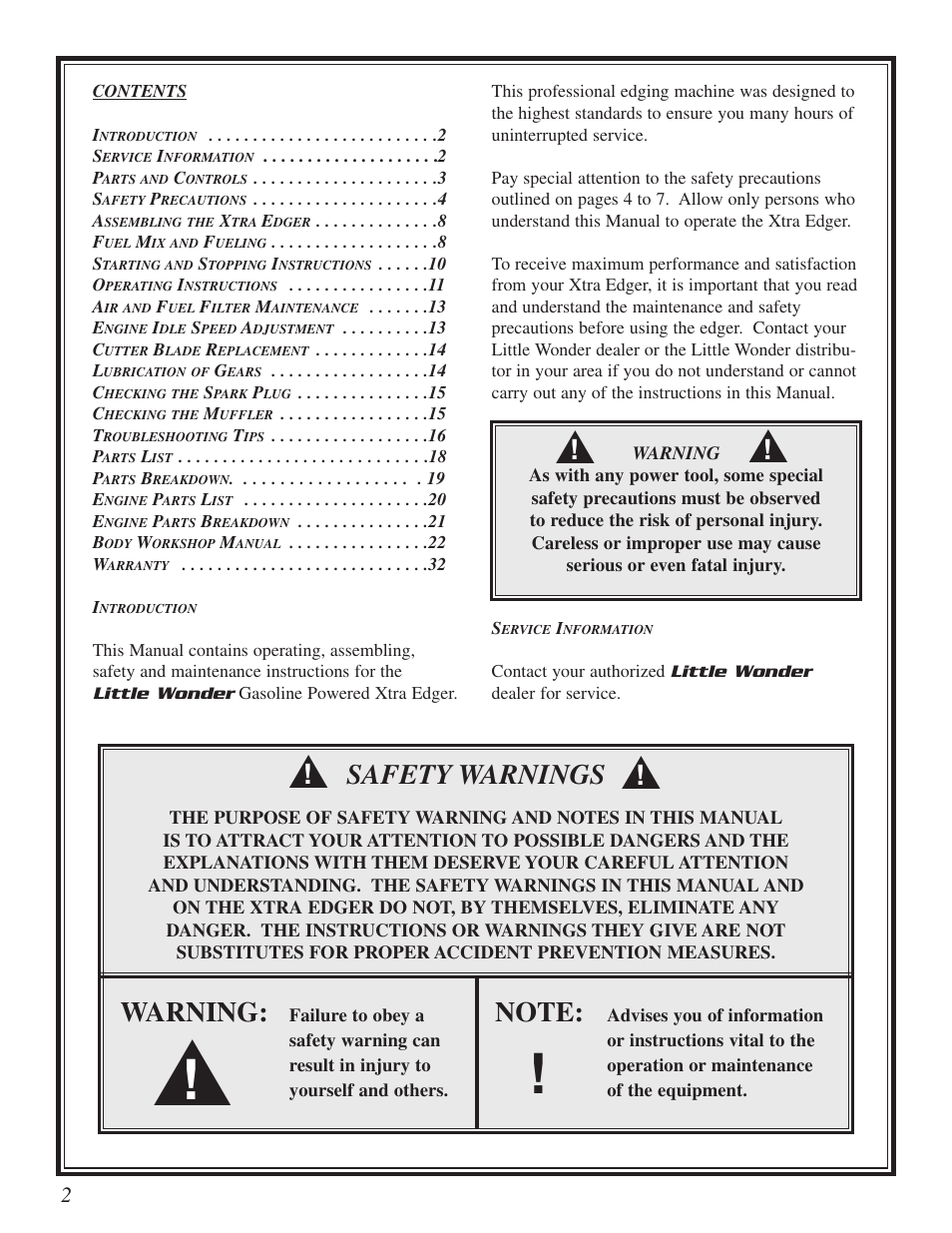 Safety warnings, Warning | Little Wonder Xtra User Manual | Page 2 / 32