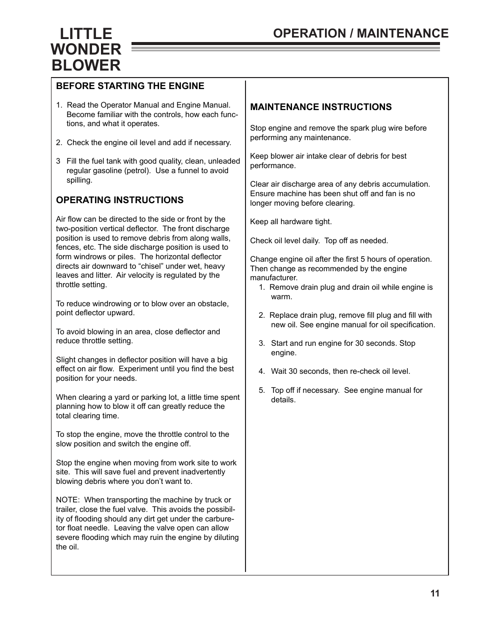 Little wonder blower, Operation / maintenance | Little Wonder OPTIMAX 91270-03-01 User Manual | Page 11 / 16