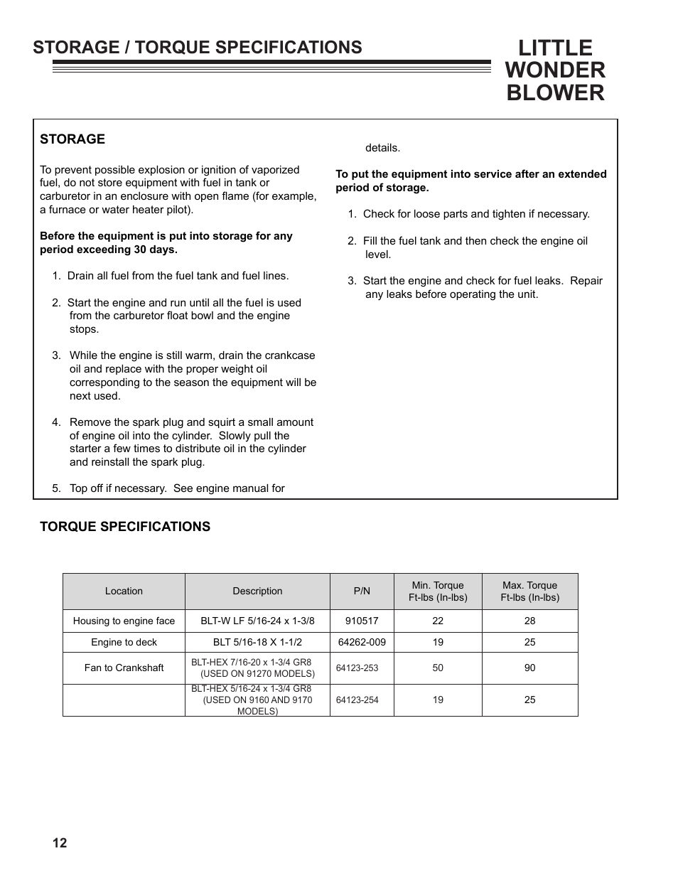 Little wonder blower, Storage / torque specifications | Little Wonder OPTIMAX 91270-03-01 User Manual | Page 12 / 16